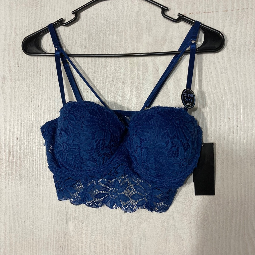 Body Frosting Longline Bralette Womens 36C Blue NWT Floral Lace Padded Strappy